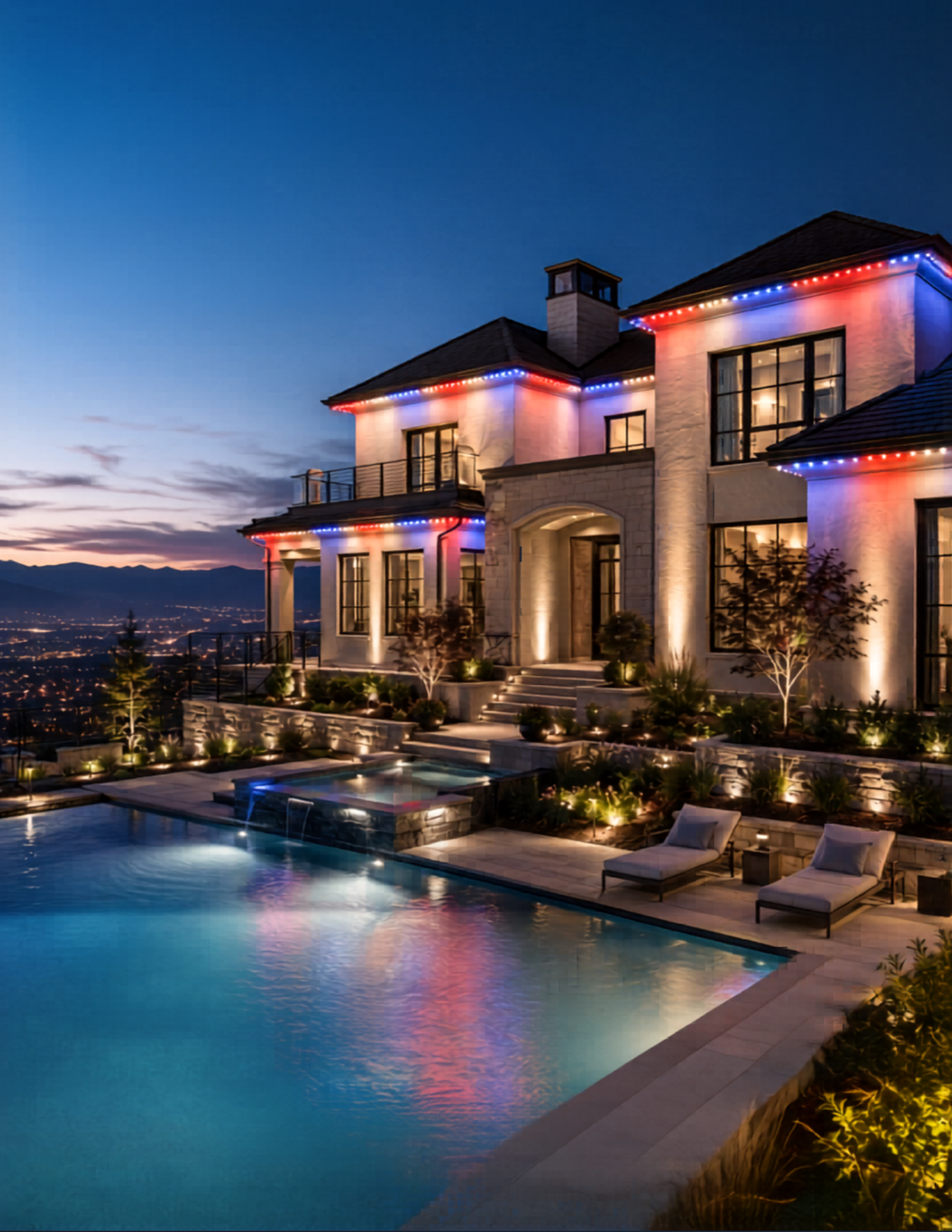 Utah home with JDM permanent outdoor LED track lighting illuminating the roofline at night