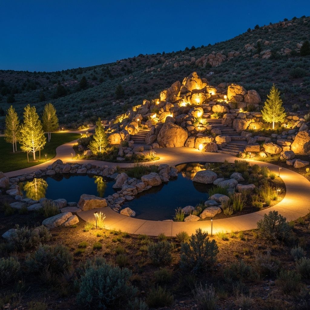 Alpine Utah mountain estate with comprehensive landscape lighting on natural rock formations and native vegetation