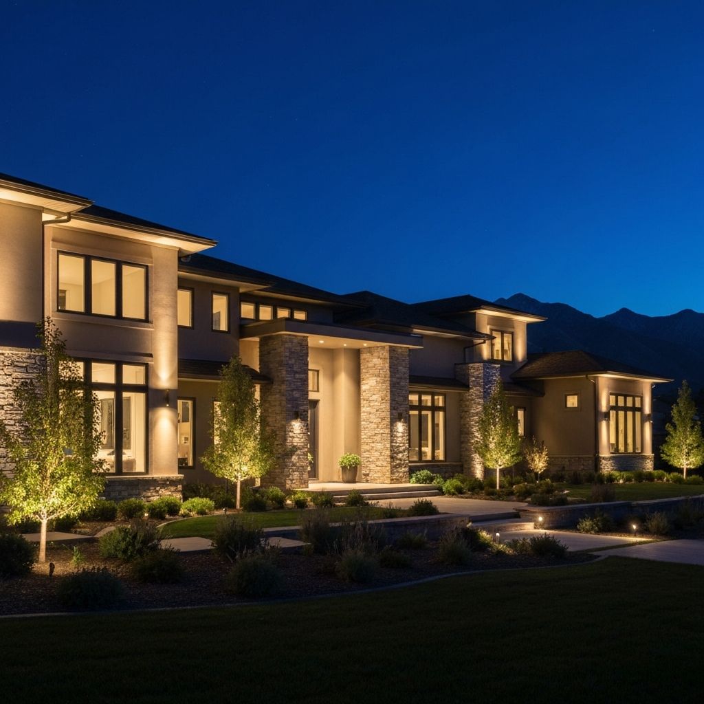 Luxury home in Draper Utah with permanent track lighting illuminating architectural details at night