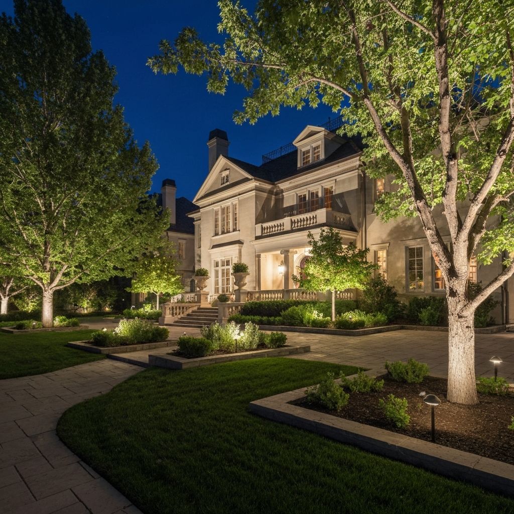 Classic Holladay estate with warm architectural lighting and landscape uplighting through mature trees and garden beds