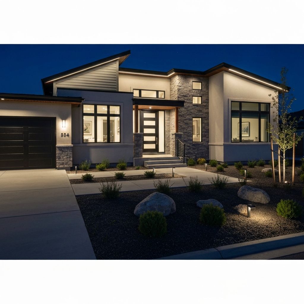 Modern Lehi home with integrated permanent lighting system and cloud app control