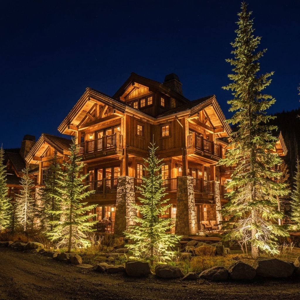 Park City ski chalet with dramatic landscape uplighting on timber and stone architecture