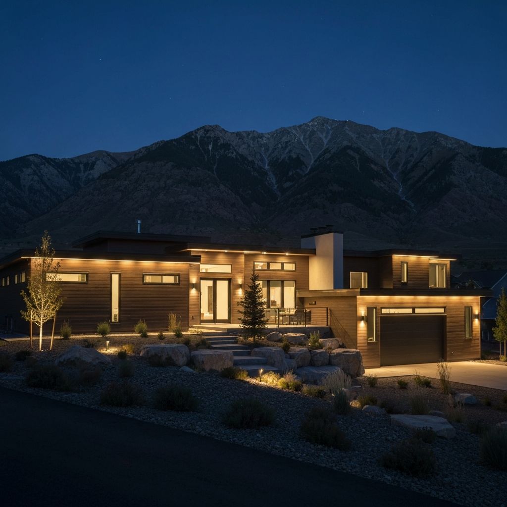 Contemporary Provo home on East Bench with sleek permanent track lighting and native landscape uplighting with Mount Timpanogos views