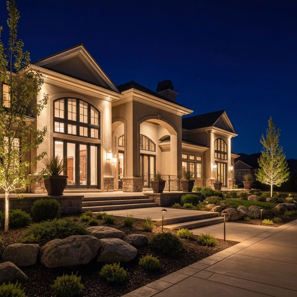 Sandy Utah executive home with full-perimeter permanent track lighting and sophisticated color scenes