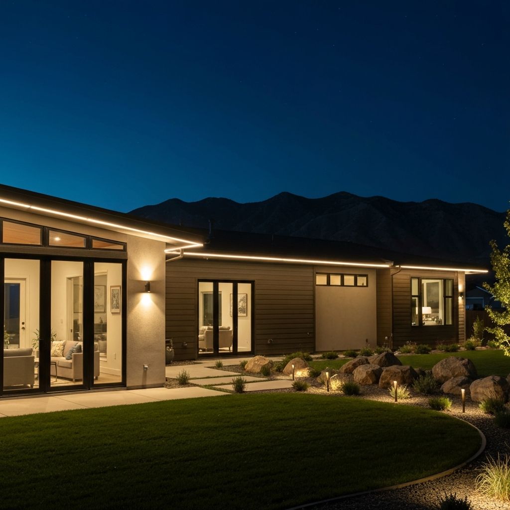 Modern South Jordan residence featuring elegant permanent track lighting system