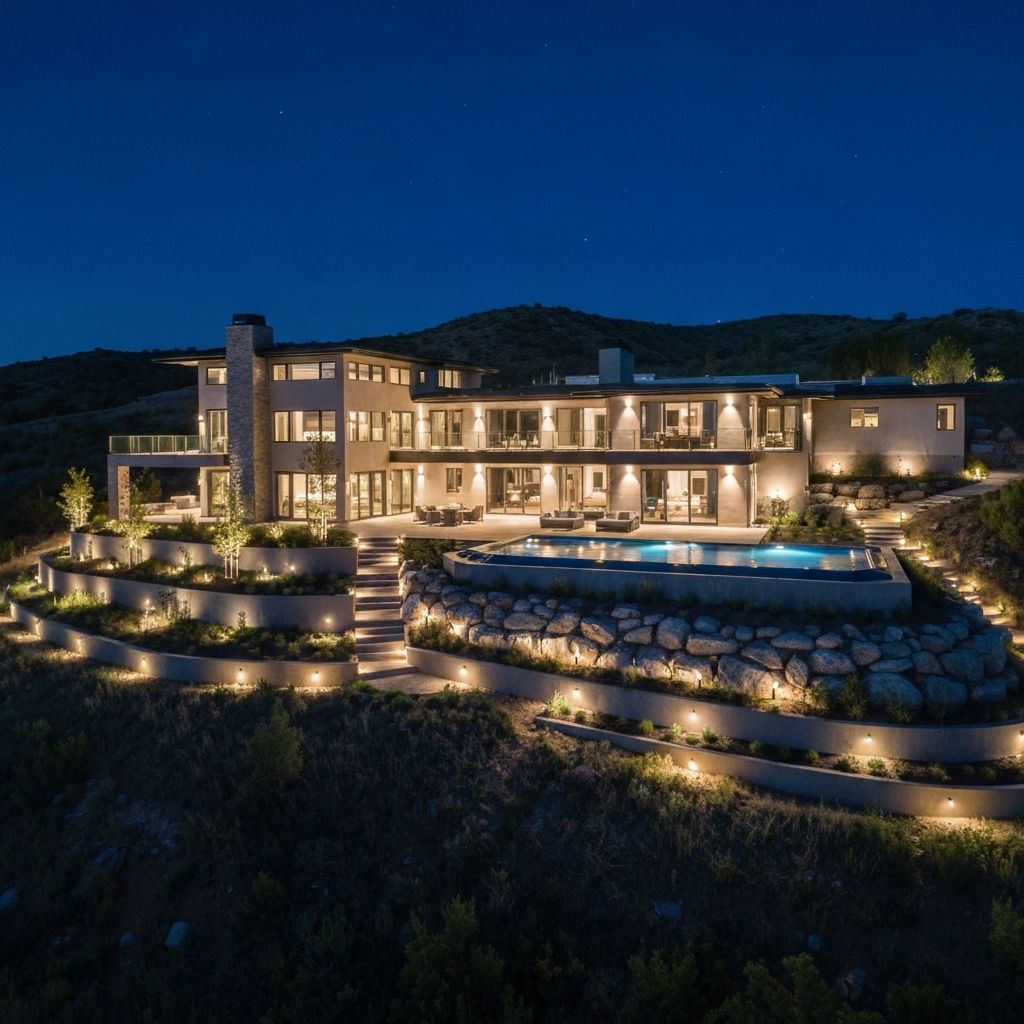 Woodland Hills hillside estate with permanent track lighting and landscape design